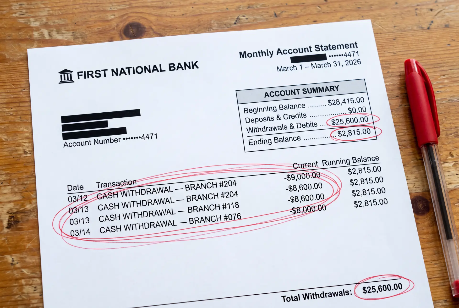 Bank statement showing four large cash withdrawals circled in red totalling $25,600