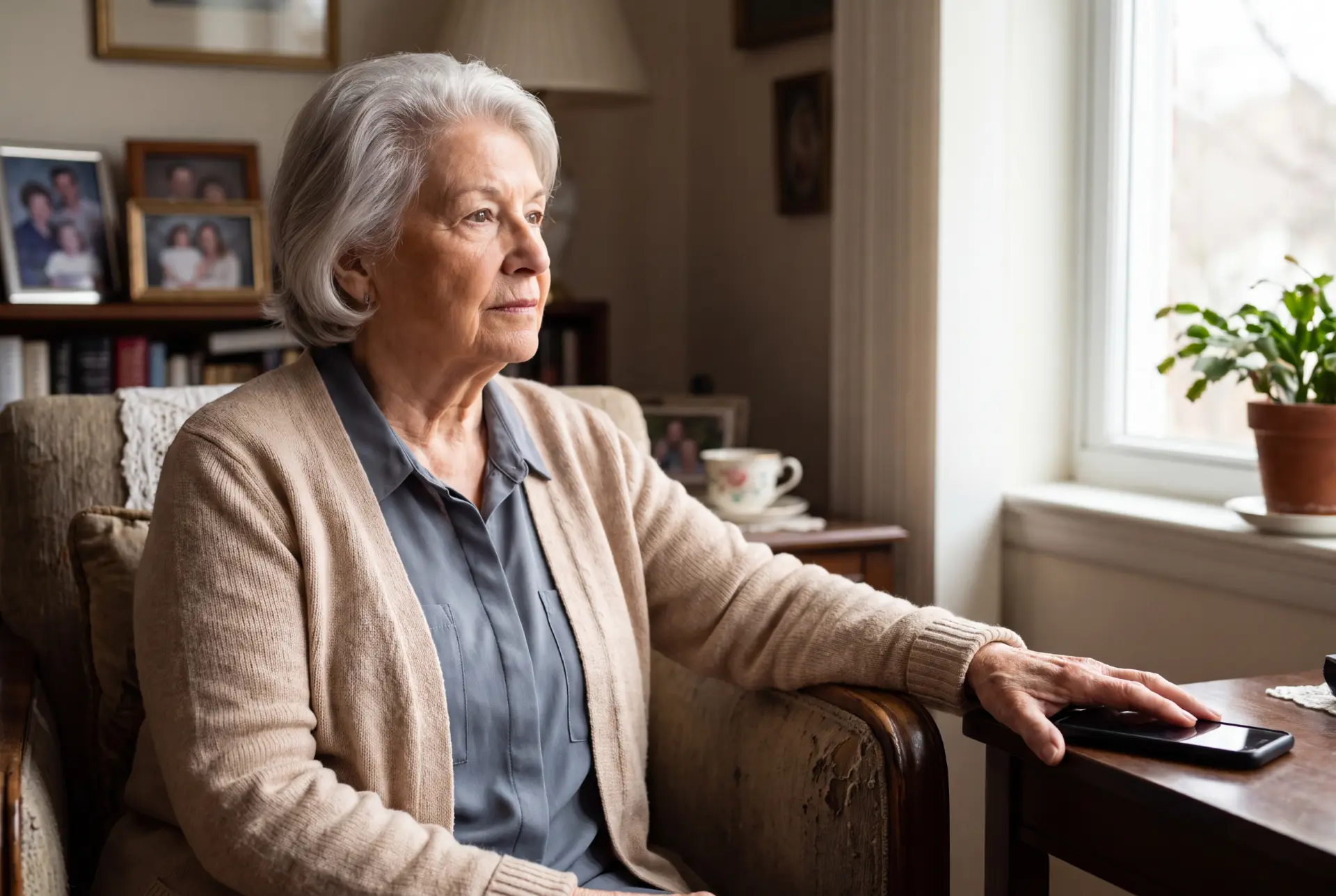 Older woman sitting by a window at home with her phone face-down on the table
