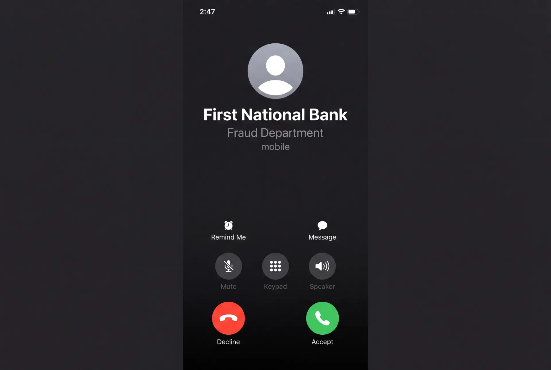 Incoming call screen showing First National Bank Fraud Department as the caller ID