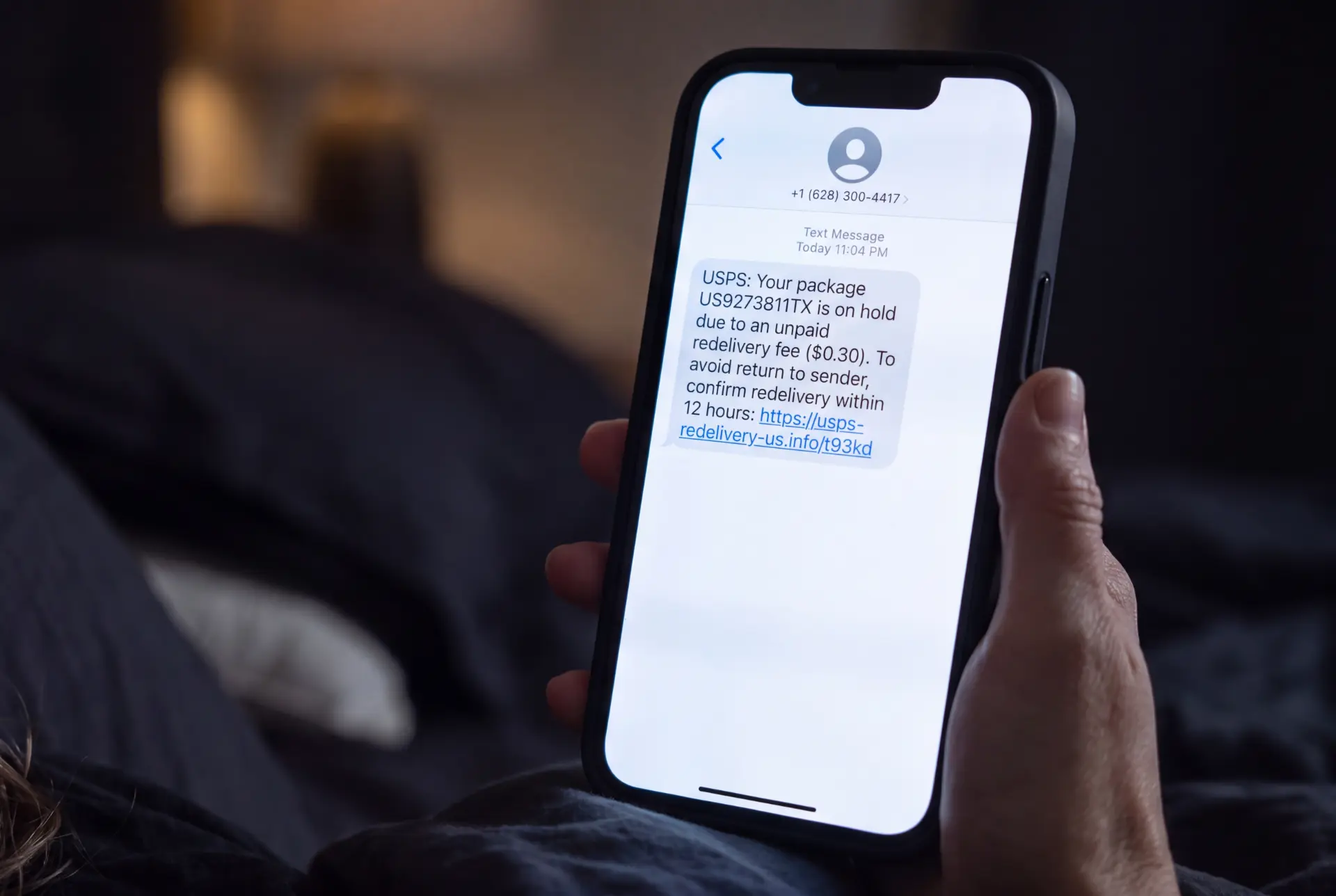Woman lying in bed at night reading the fake USPS redelivery text on her phone